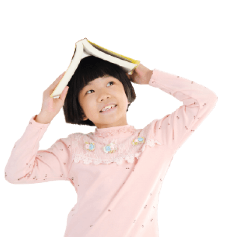 a girl with book on her head